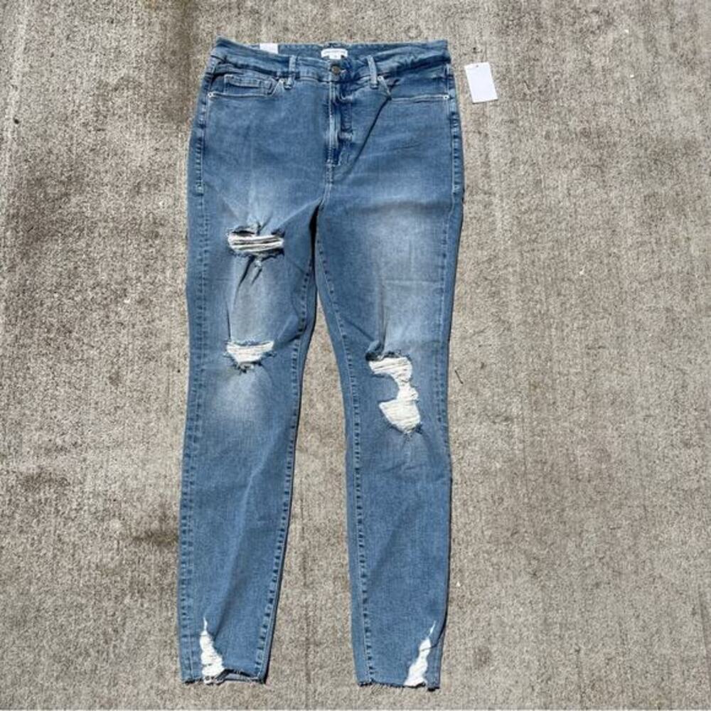 Good American Good Waist Jeans Indigo Distressed Raw Chewed Hem
